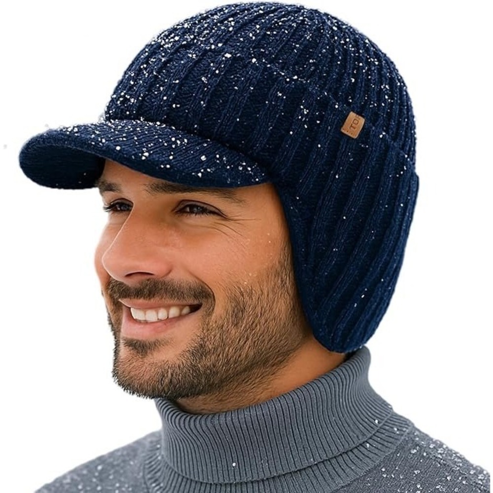 TOP-EX Mens Merino Wool Blend Knit Visor Beanie Ear Flaps Navy Blue Winter Hat
